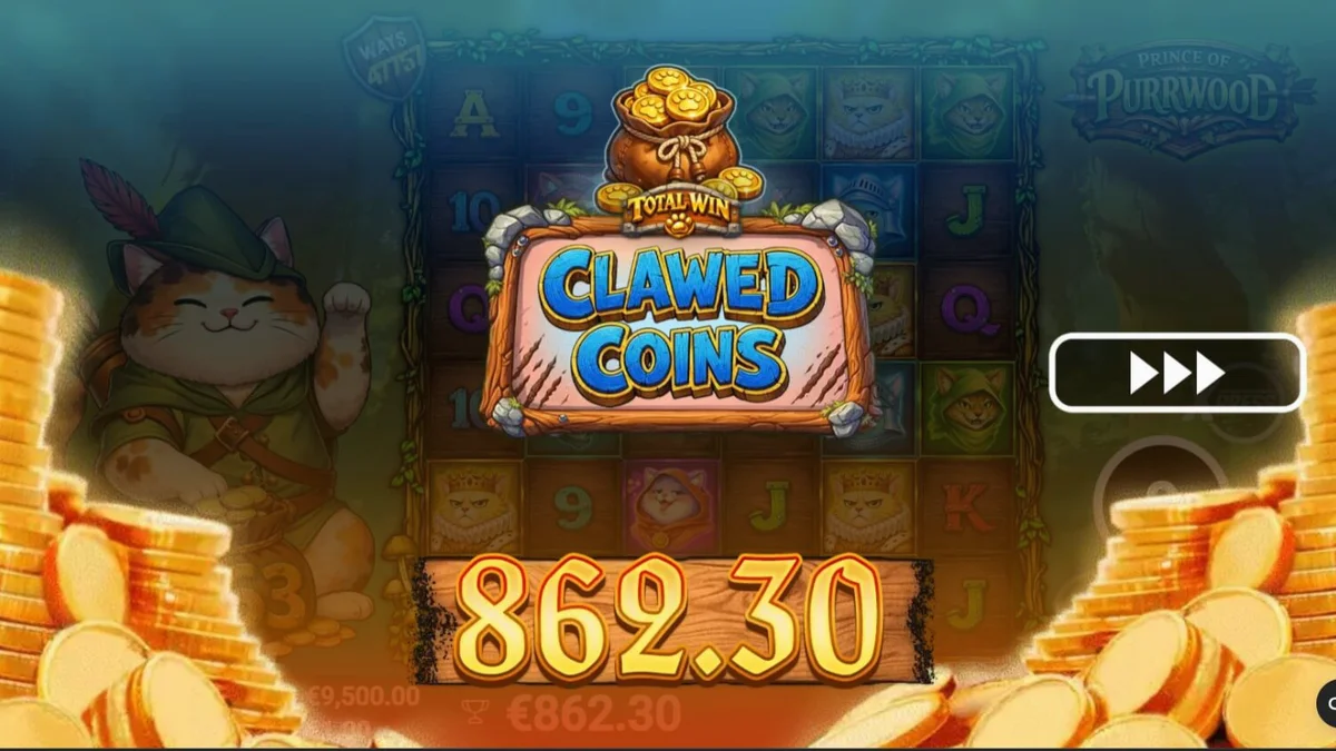 Karakter kucing pahlawan dalam slot Prince of Purrwood dengan latar hutan abad pertengahan